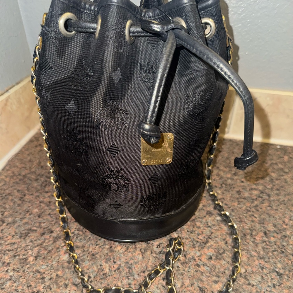 MCM Black Monogram Bucket Crossbody with Gold Chain